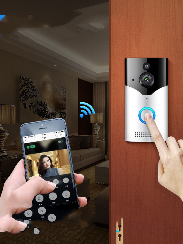 Smart video doorbell installed at home entrance with mobile app notification, symbolizing home security and real-time alerts.